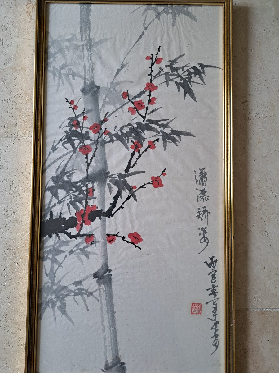Plum Blossoms And Bamboo, Ink And Color On Paper, China, 20th Century. -photo-3