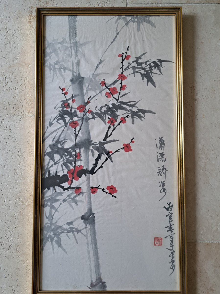 Plum Blossoms And Bamboo, Ink And Color On Paper, China, 20th Century. -photo-4