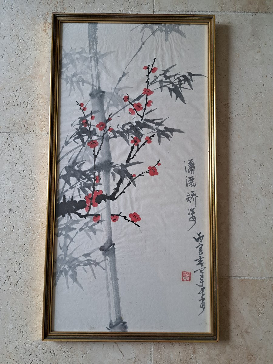 Plum Blossoms And Bamboo, Ink And Color On Paper, China, 20th Century. -photo-3