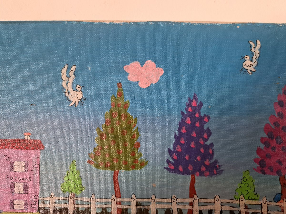 Naïve Art, School, Oil On Canvas, Signed, 20th Century. -photo-1