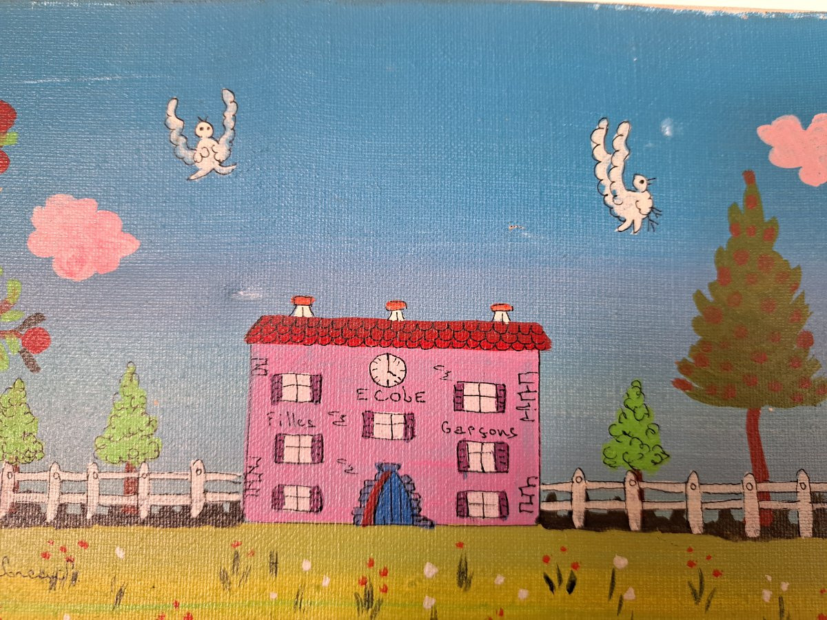 Naïve Art, School, Oil On Canvas, Signed, 20th Century. -photo-3