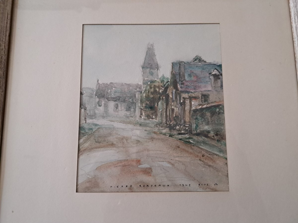 Pierre Auguste Bordeaux, Church Of Ecos, Normandy, Watercolor, 20th Century. -photo-4