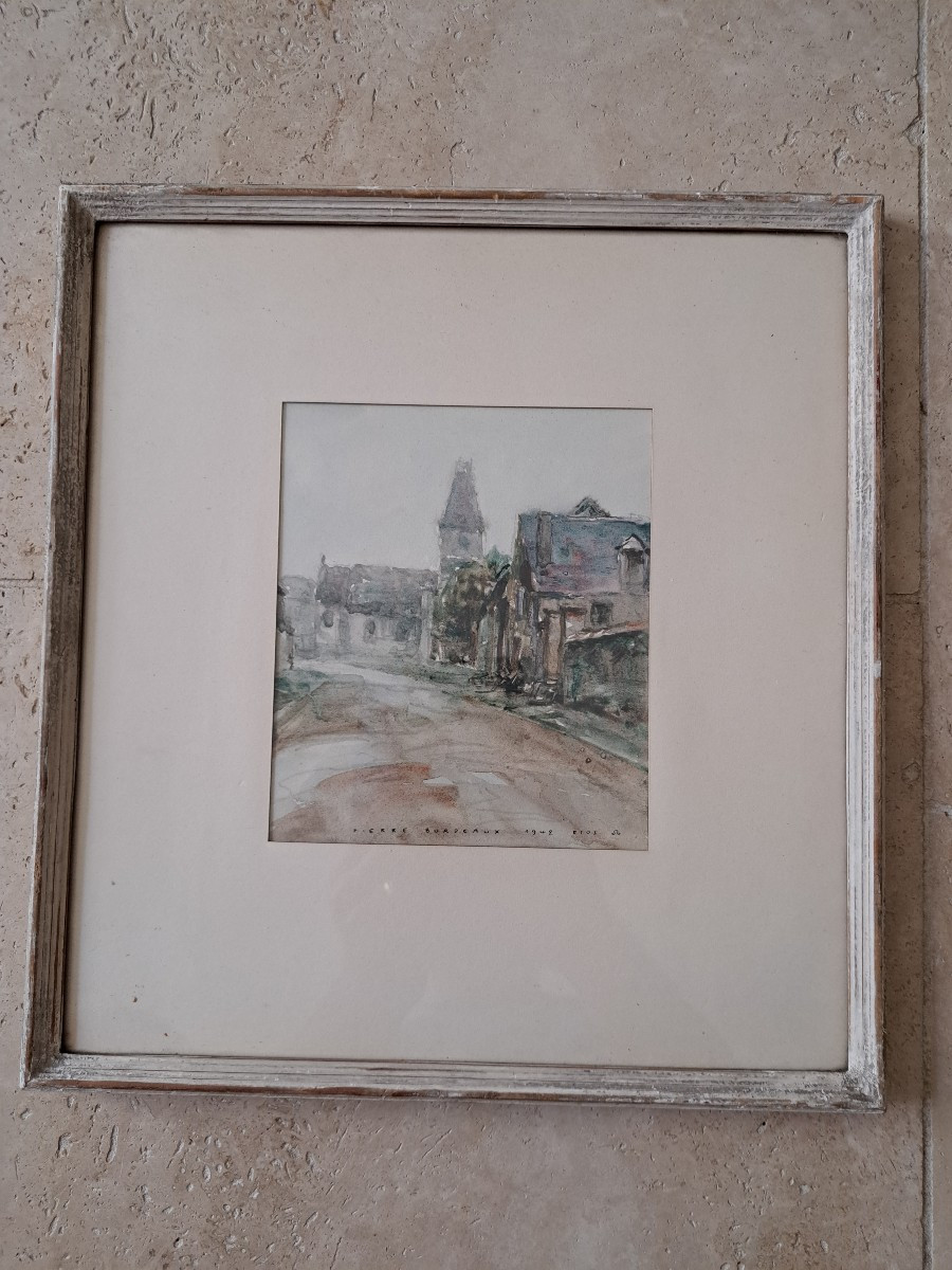 Pierre Auguste Bordeaux, Church Of Ecos, Normandy, Watercolor, 20th Century. 