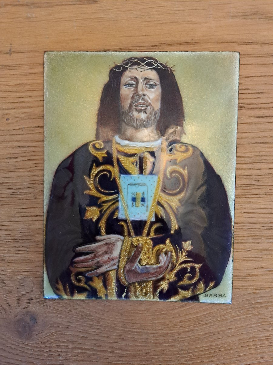 Jesus Of Medinaceli, Enamel Plaque, Signed Barba, 20th Century. -photo-2