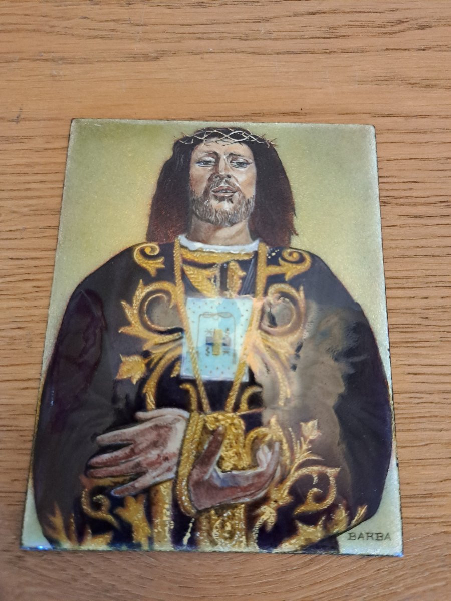 Jesus Of Medinaceli, Enamel Plaque, Signed Barba, 20th Century. -photo-3