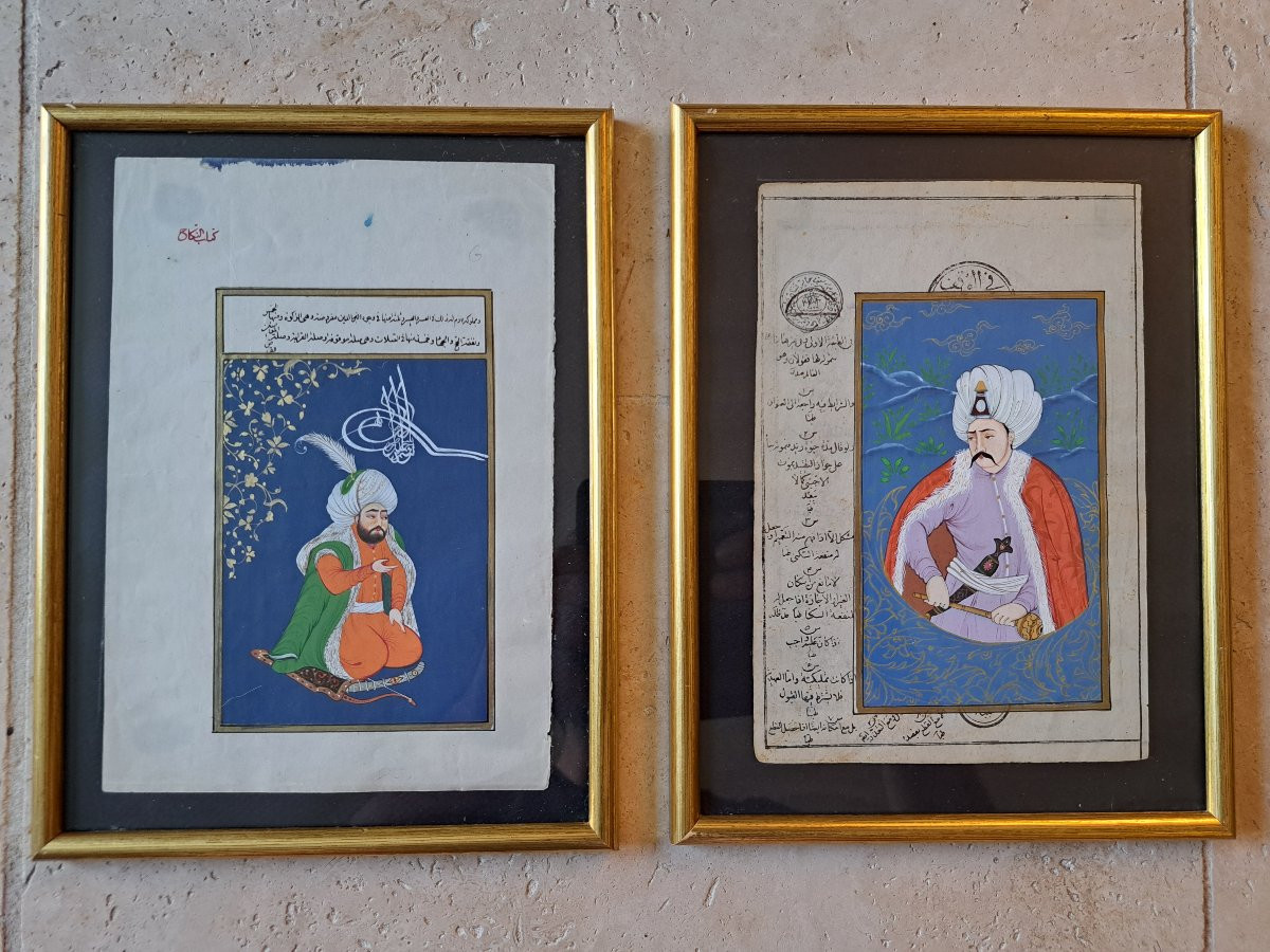 Ottoman Sultans, 2 Persian Miniatures, 19th/20th Century. -photo-2
