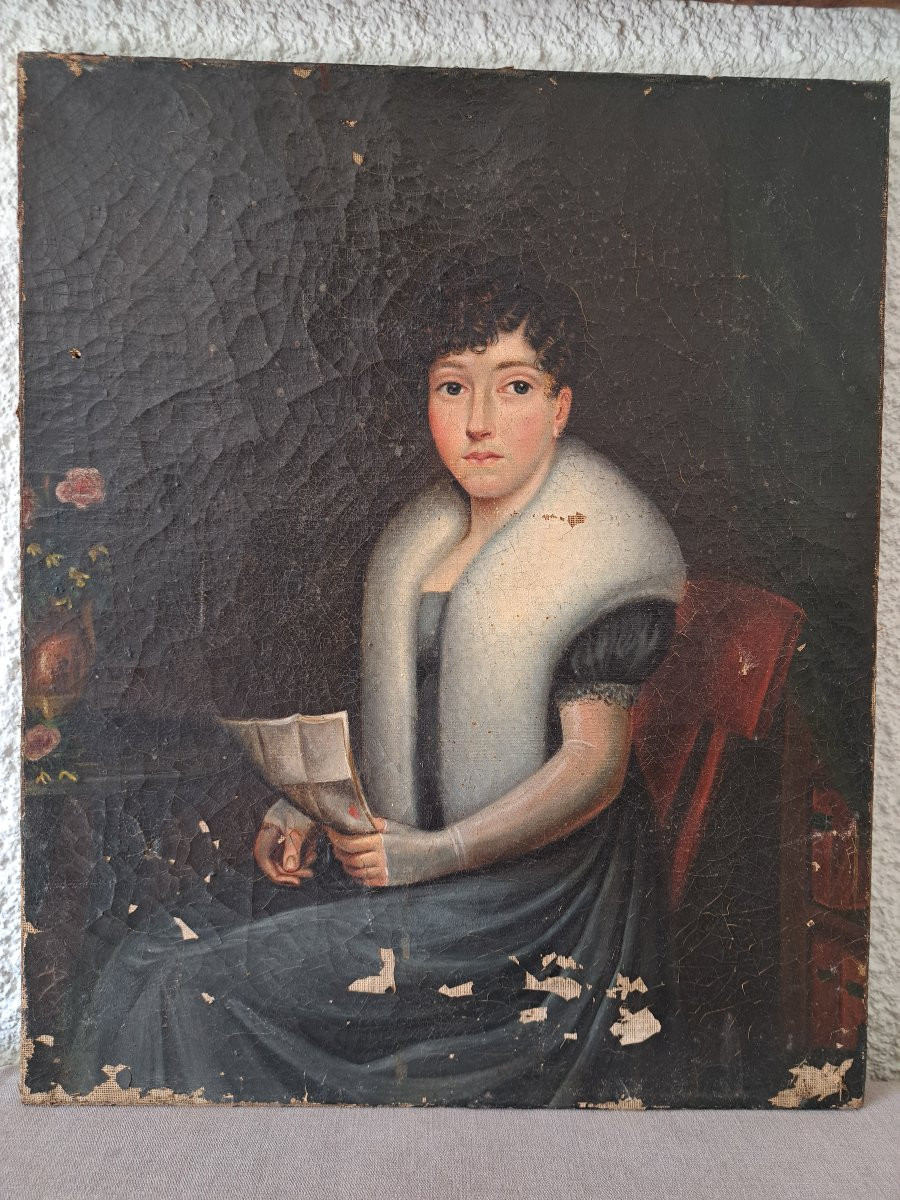 Jeune femme lisant , Huile sur toile , Empire / Restauration , Début XIX°. -photo-2