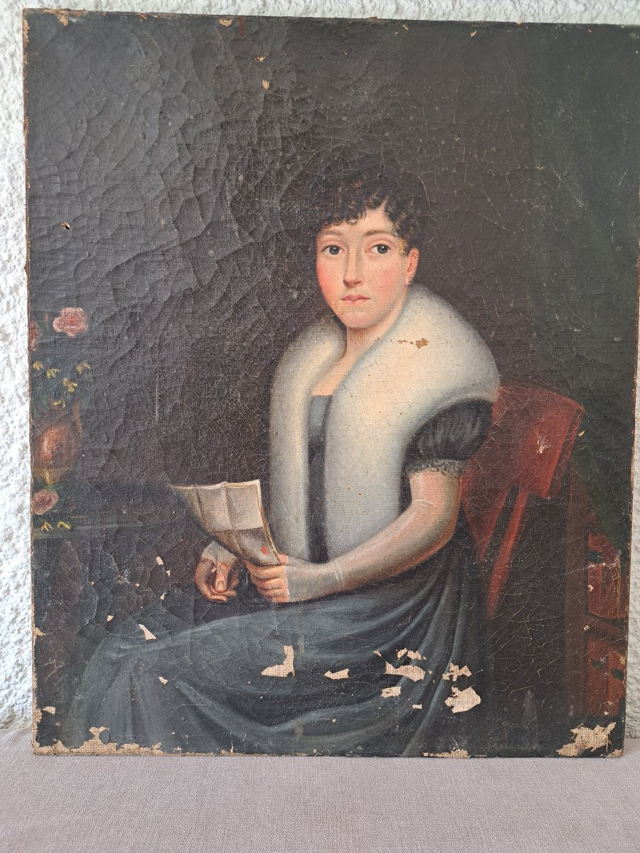 Jeune femme lisant , Huile sur toile , Empire / Restauration , Début XIX°. -photo-3