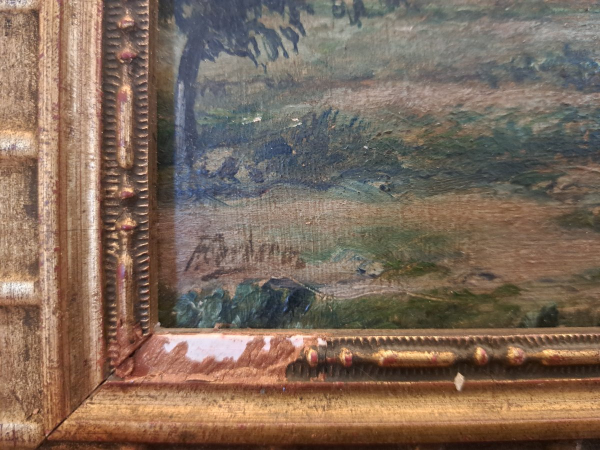 Paysage campagnard , Huile sur panneau ,Signé , Début XX°. -photo-1