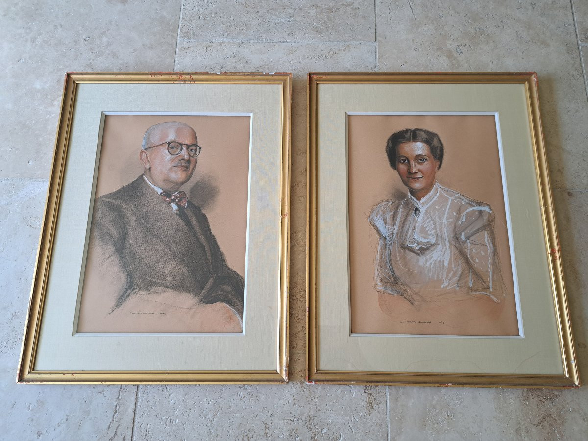 Lucien Ferrier Jourdain, Pair Of Portraits, Drawing, 1937. -photo-2