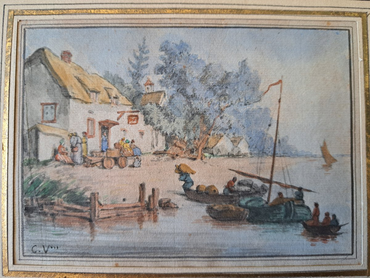 Le déchargement des marchandises , Marine , Aquarelle , XIX°. -photo-2