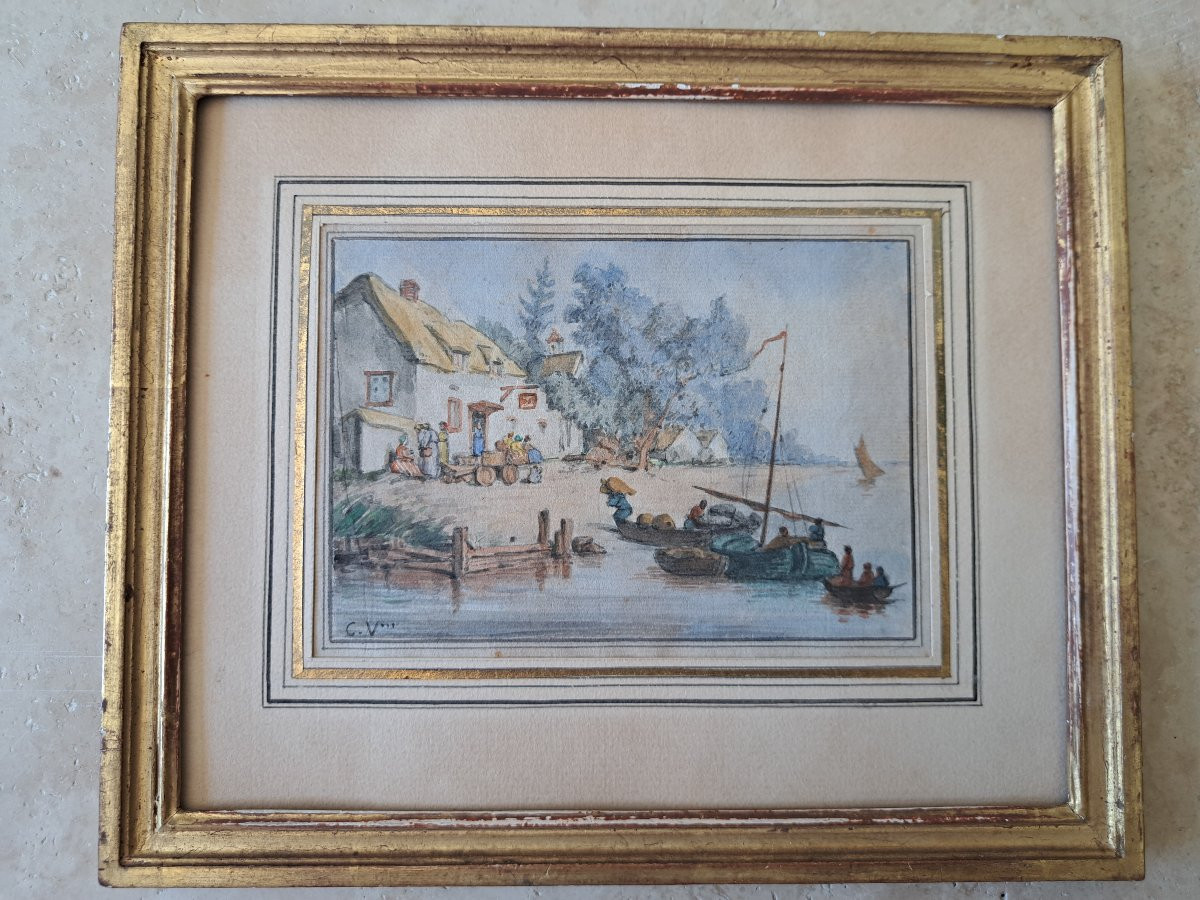 Le déchargement des marchandises , Marine , Aquarelle , XIX°. -photo-4
