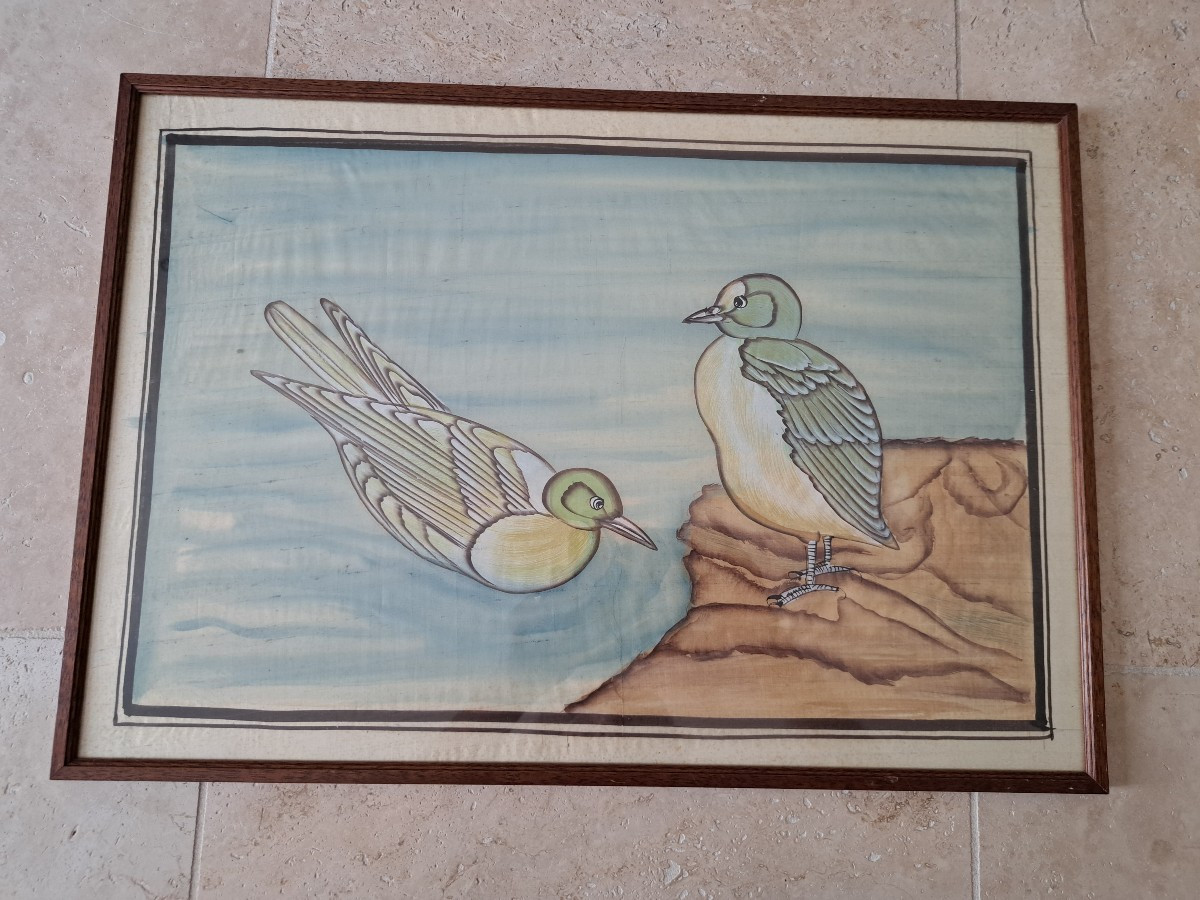 Couple d'oiseaux , Gouache sur soie , XX°. 