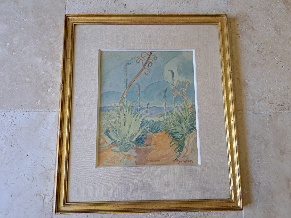 Les agaves , Aquarelle , M.Hansen , XX°. -photo-2