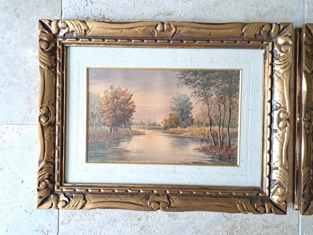 François Joseph Girot , Paire d'aquarelles de paysages automnales , Fin XIX°/Début XX°. -photo-3