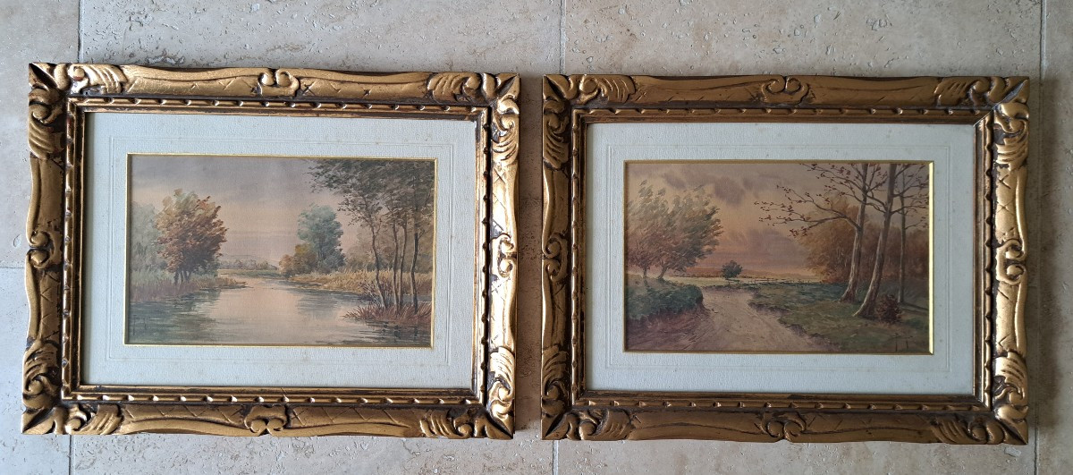 François Joseph Girot , Paire d'aquarelles de paysages automnales , Fin XIX°/Début XX°. 