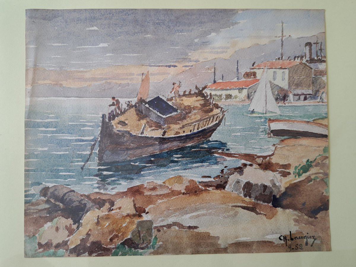 Charles Laugier, Boat Stranded On The Seashore, Watercolor, 20th Century. -photo-2