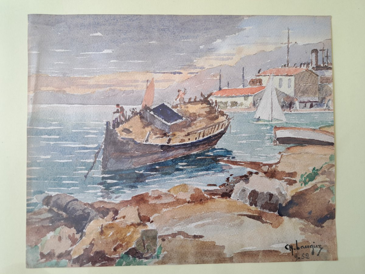 Charles Laugier, Boat Stranded On The Seashore, Watercolor, 20th Century. -photo-3