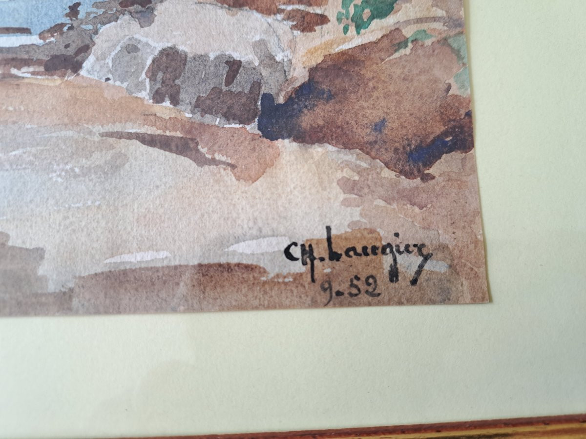 Charles Laugier, Boat Stranded On The Seashore, Watercolor, 20th Century. -photo-4