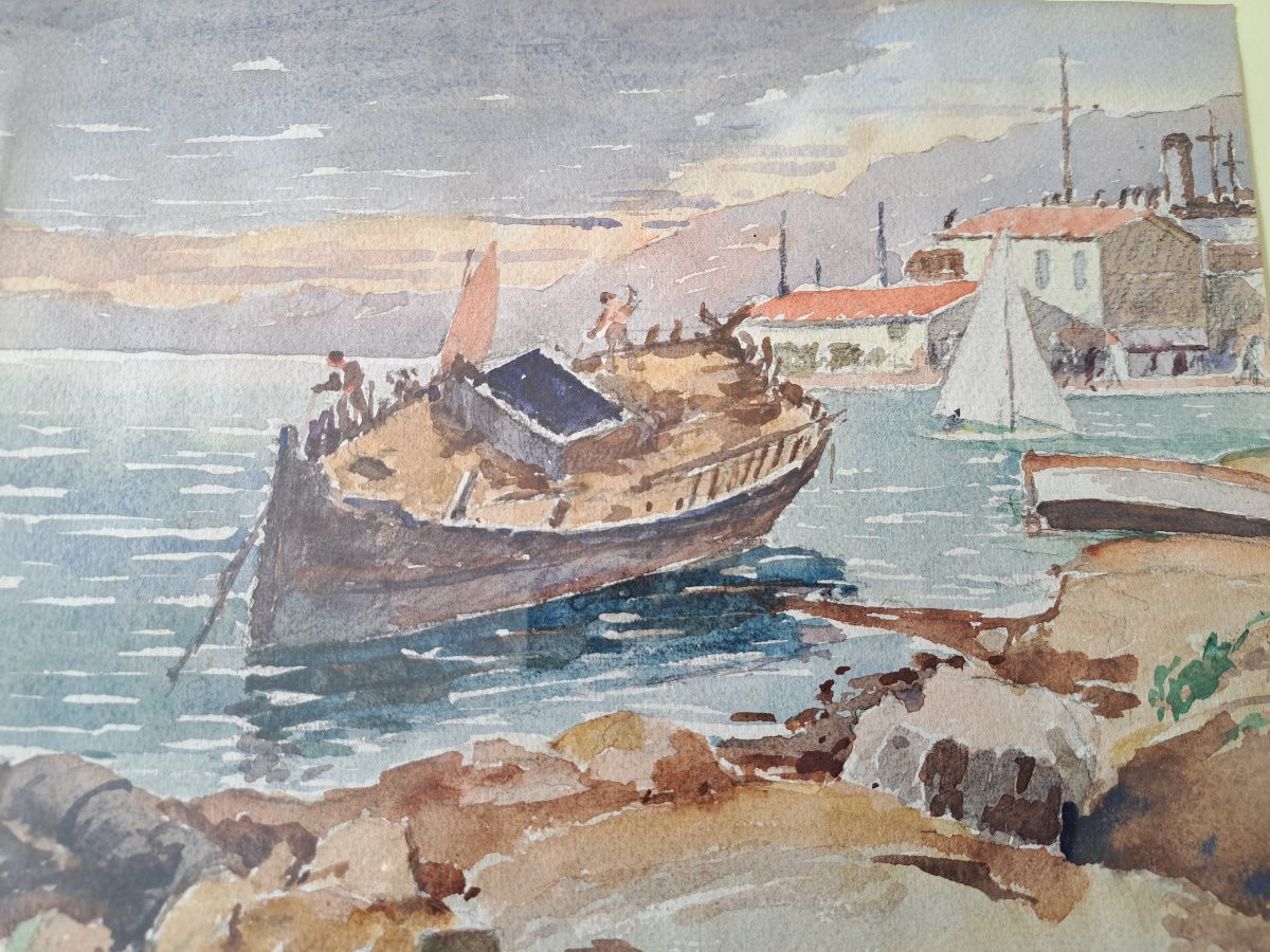 Charles Laugier, Boat Stranded On The Seashore, Watercolor, 20th Century. -photo-1