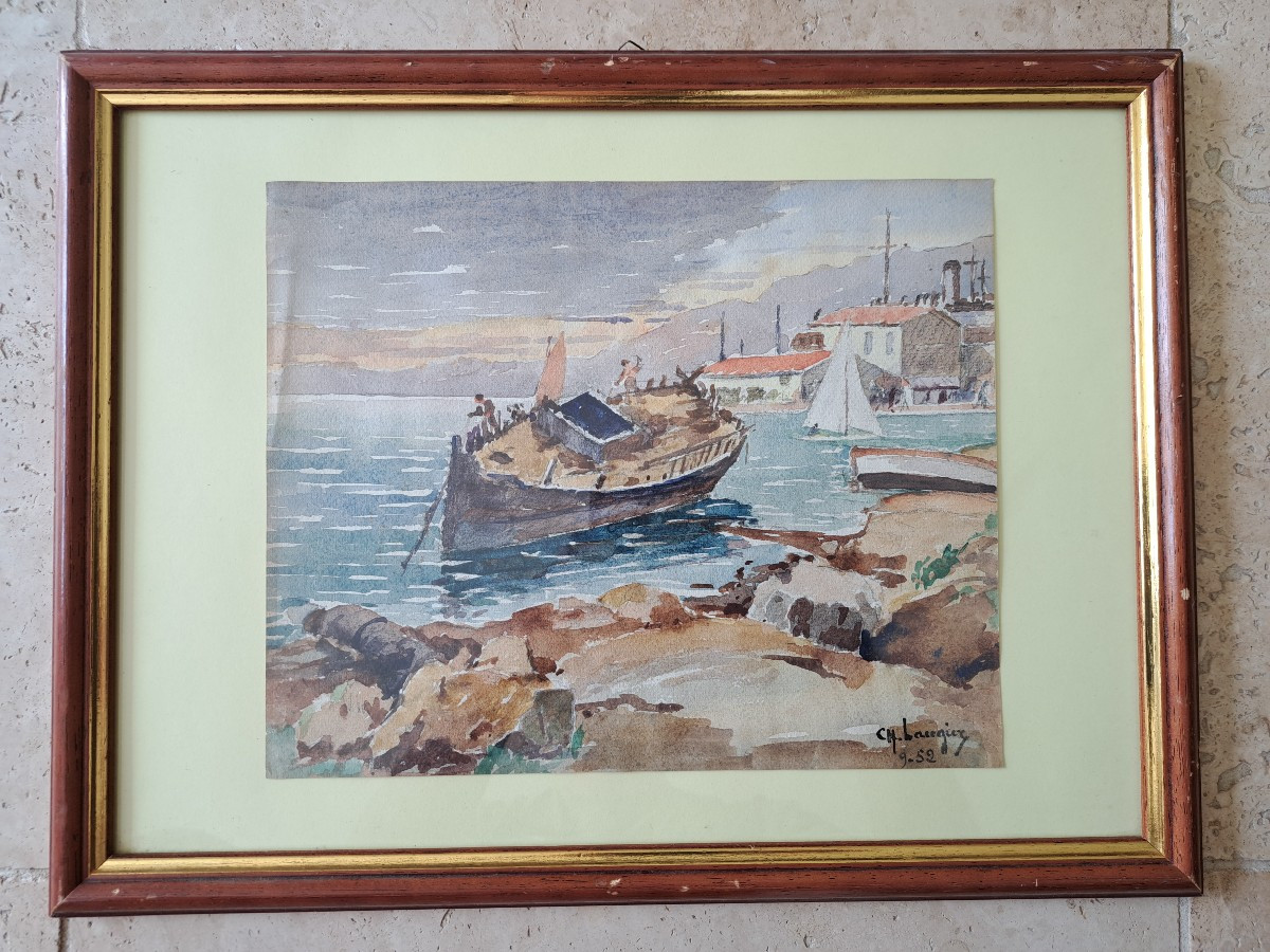 Charles Laugier, Boat Stranded On The Seashore, Watercolor, 20th Century. 