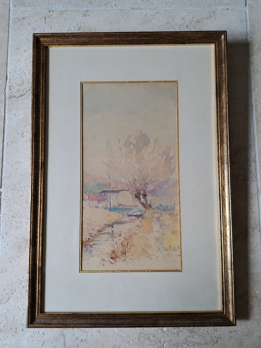 Marius Robert, Landscape With A Stream, Watercolor, Early 20th Century.-photo-2