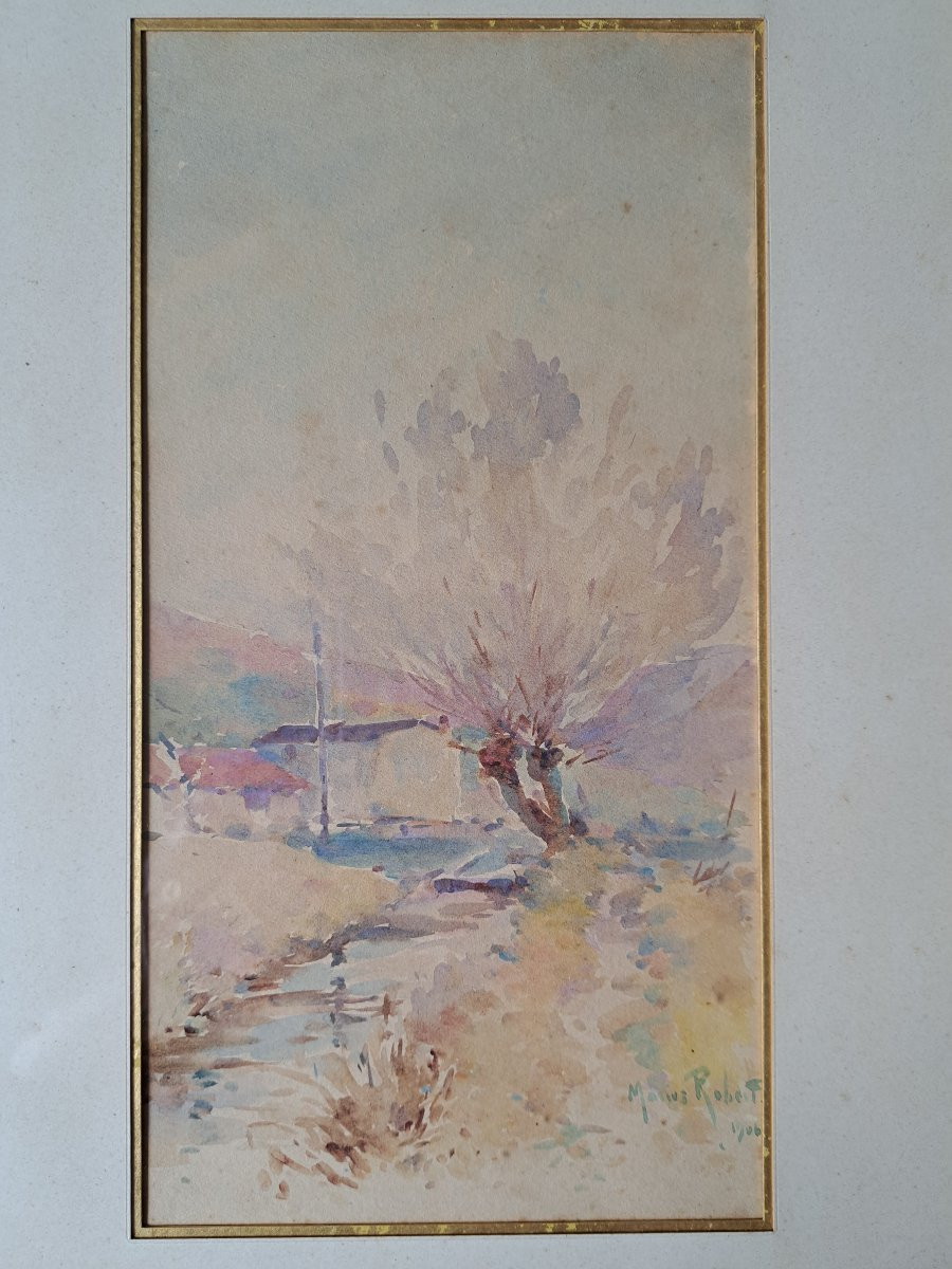 Marius Robert, Landscape With A Stream, Watercolor, Early 20th Century.-photo-3