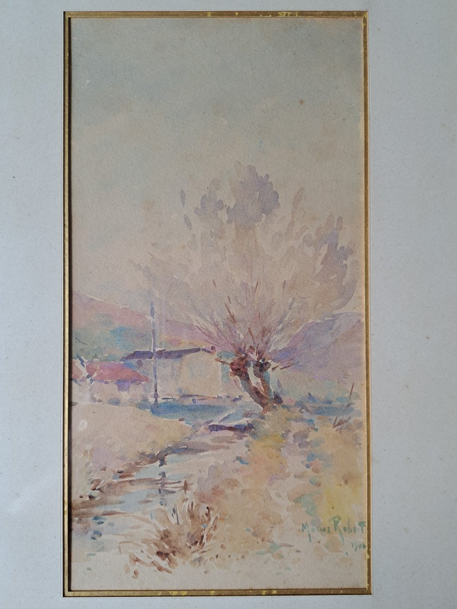 Marius Robert, Landscape With A Stream, Watercolor, Early 20th Century.-photo-4
