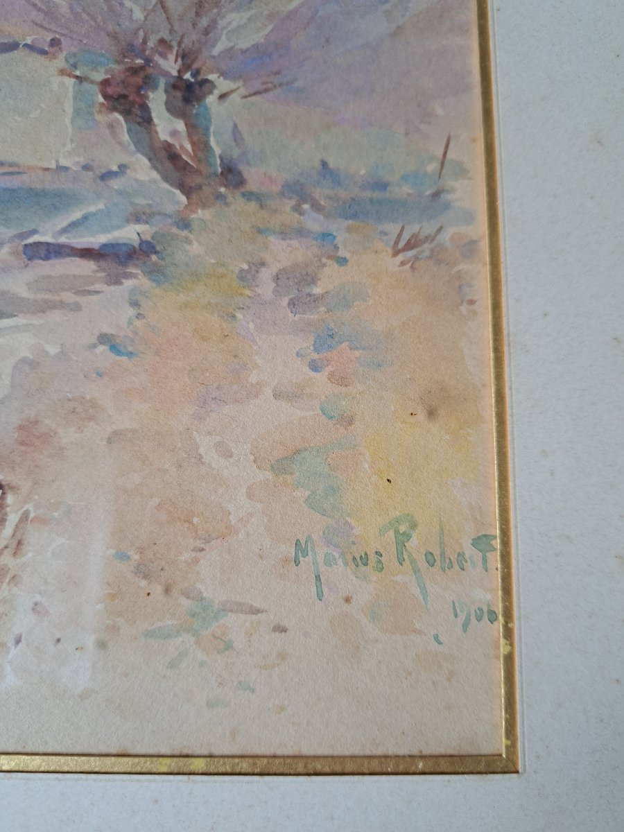 Marius Robert, Landscape With A Stream, Watercolor, Early 20th Century.-photo-1