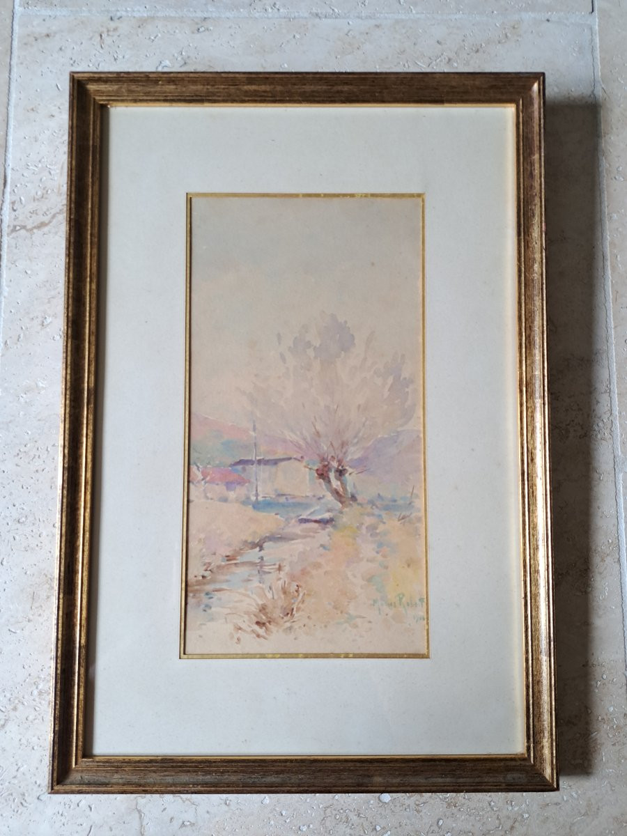 Marius Robert, Landscape With A Stream, Watercolor, Early 20th Century.-photo-2