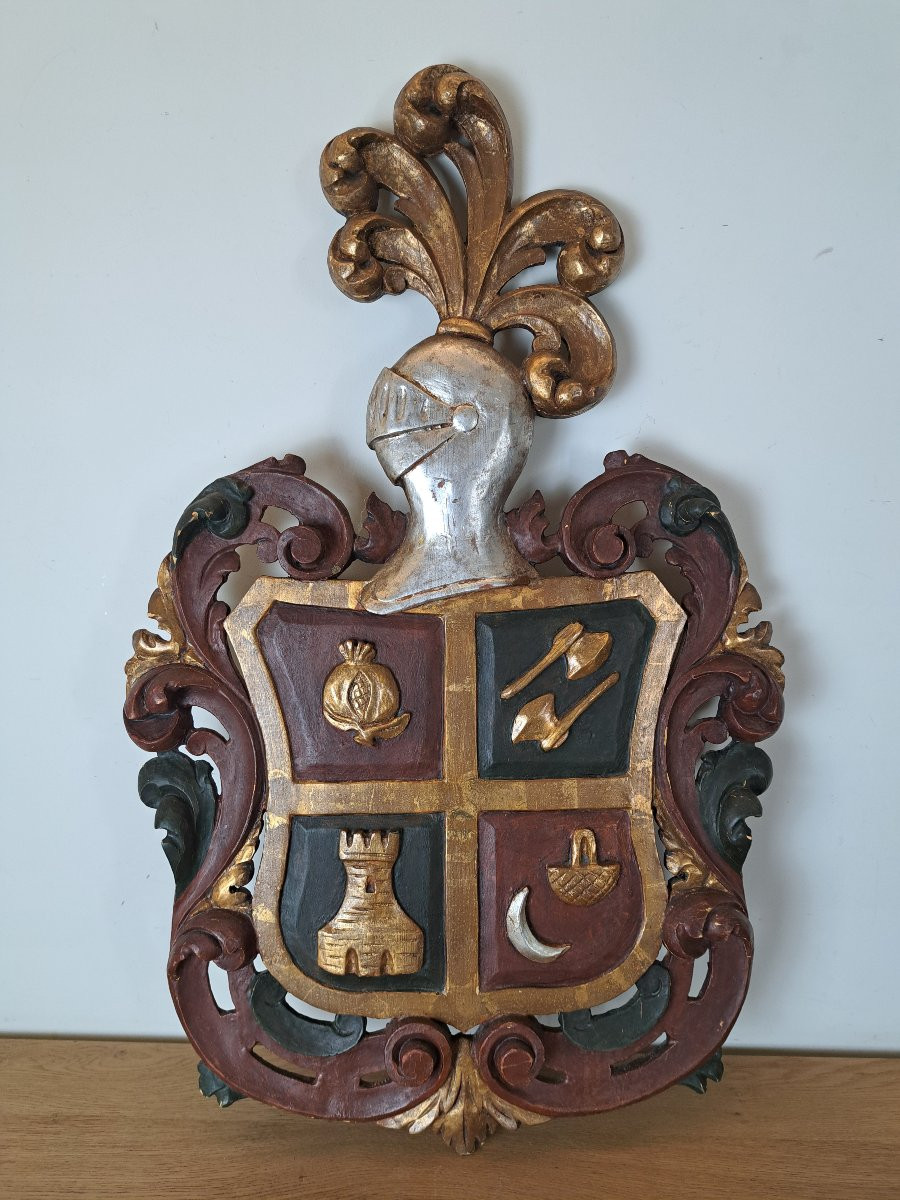 Armoiries , Bois sculpté polychrome , XIX°/Début XX°. -photo-2