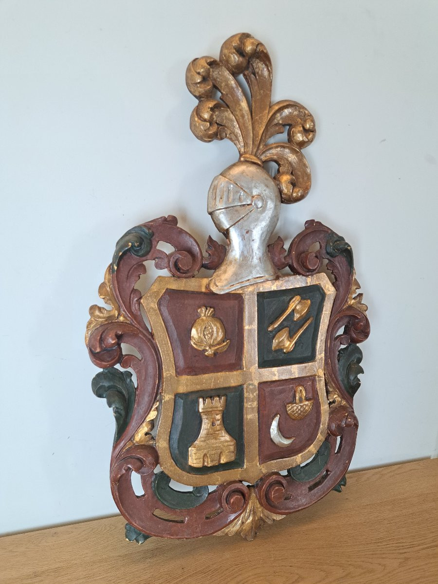 Armoiries , Bois sculpté polychrome , XIX°/Début XX°. -photo-3