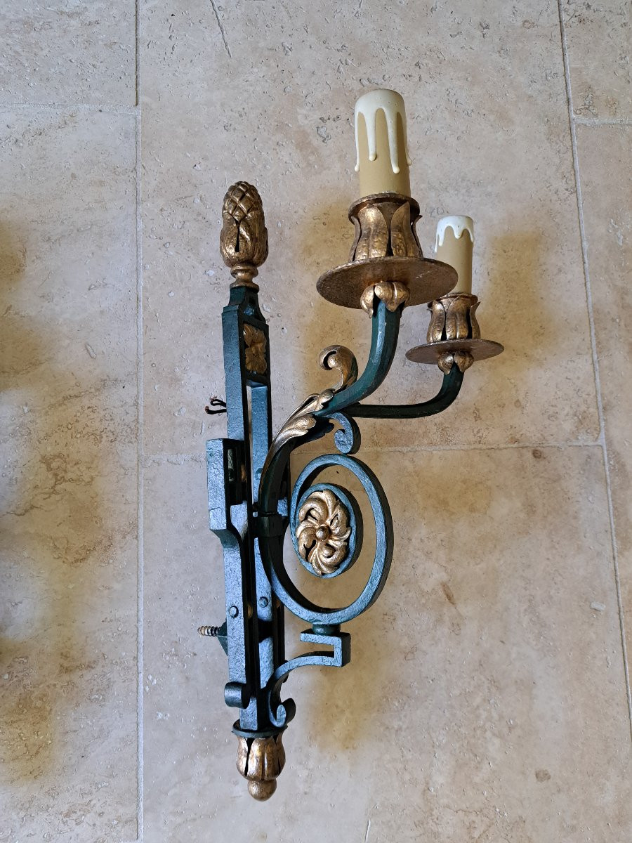 Attribué à Gilbert Poillerat , Suite de 3 appliques , Louis XIV , Fer forgé , XX°. -photo-2