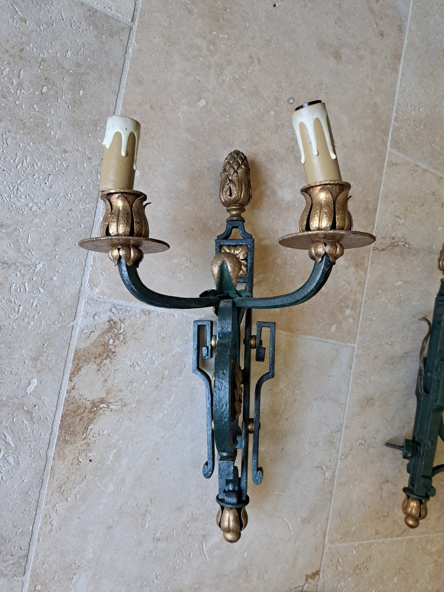 Attribué à Gilbert Poillerat , Suite de 3 appliques , Louis XIV , Fer forgé , XX°. -photo-1