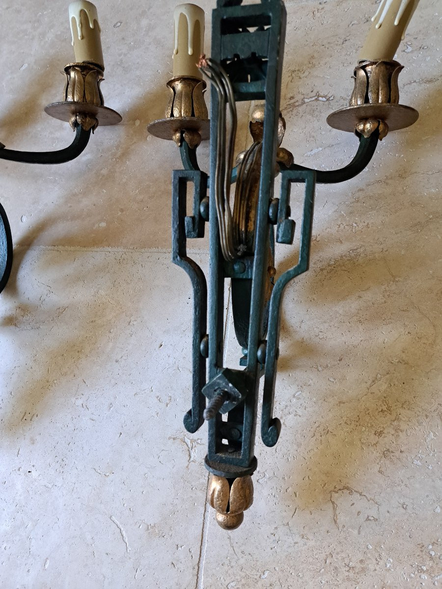 Attribué à Gilbert Poillerat , Suite de 3 appliques , Louis XIV , Fer forgé , XX°. -photo-5