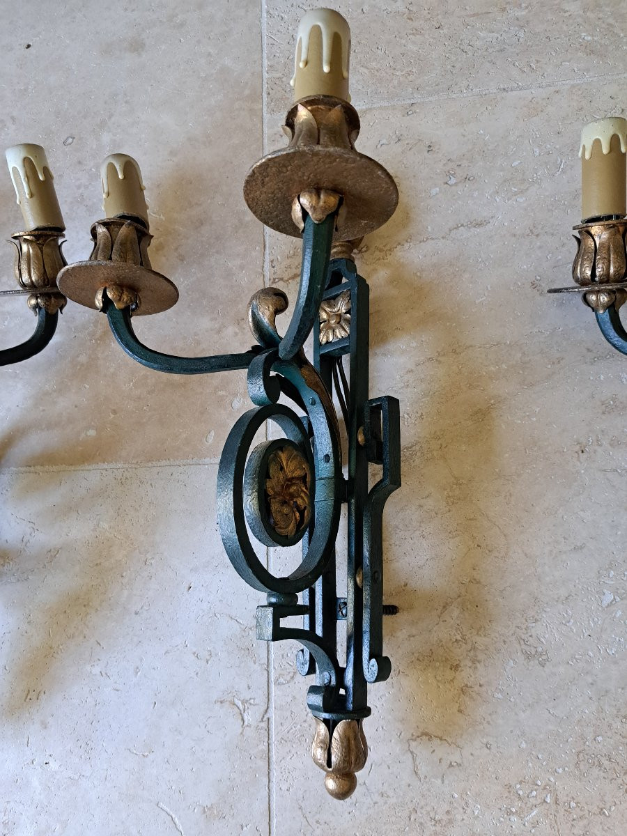 Attribué à Gilbert Poillerat , Suite de 3 appliques , Louis XIV , Fer forgé , XX°. -photo-8