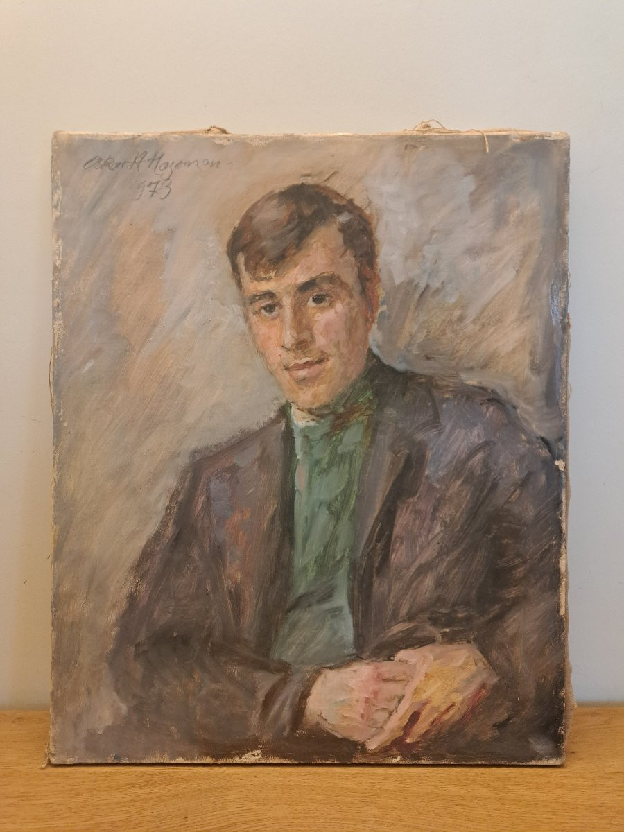 Oskar Hageman, Portrait Of A Young Man, Oil On Canvas, 20th Century. -photo-2