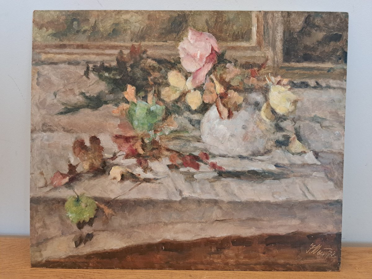 Flowers On An Entablature, Oil On Panel, Signed, 20th Century.  -photo-2
