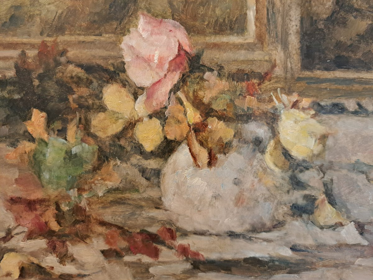 Flowers On An Entablature, Oil On Panel, Signed, 20th Century.  -photo-3