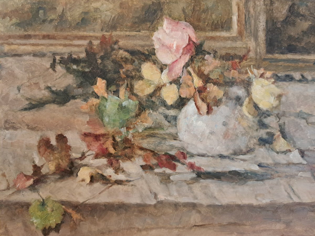 Flowers On An Entablature, Oil On Panel, Signed, 20th Century.  -photo-4
