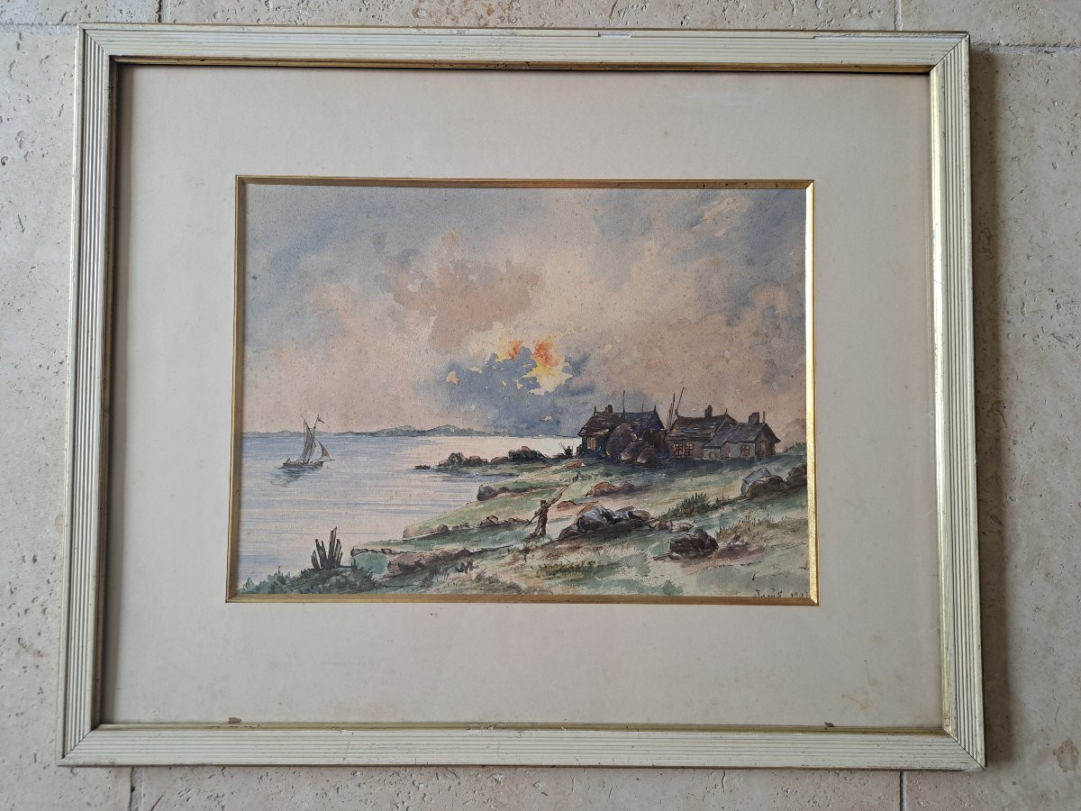 Seaside Village, Watercolor, Signed, 1903. -photo-2