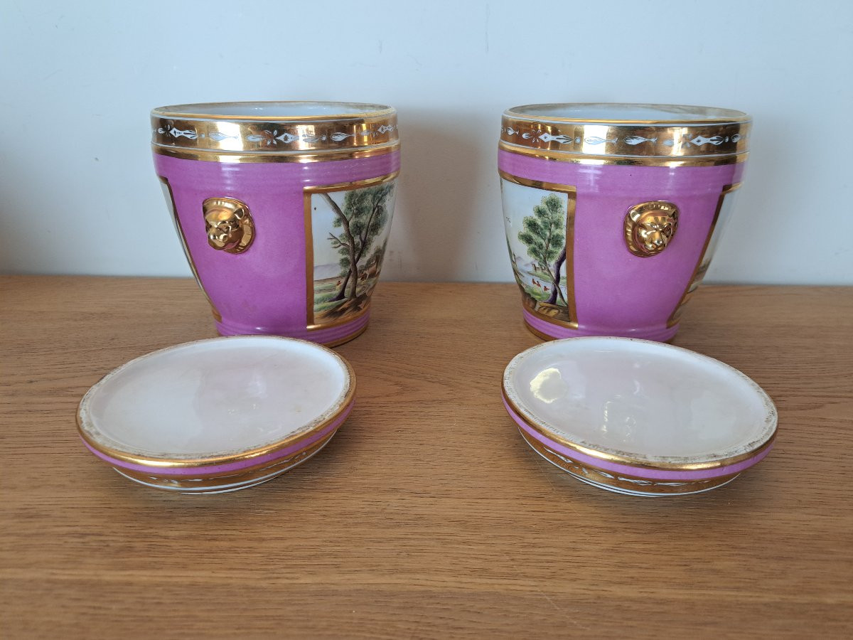Paris Porcelain, Pair Of Cache Pots, Romantic Decor, 19th Century. -photo-8