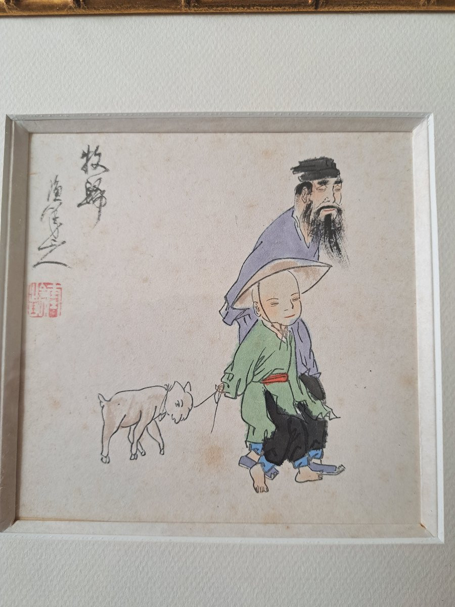 Ecole chinoise , Paire d'aquarelles et encre , Signée , XX°. -photo-1