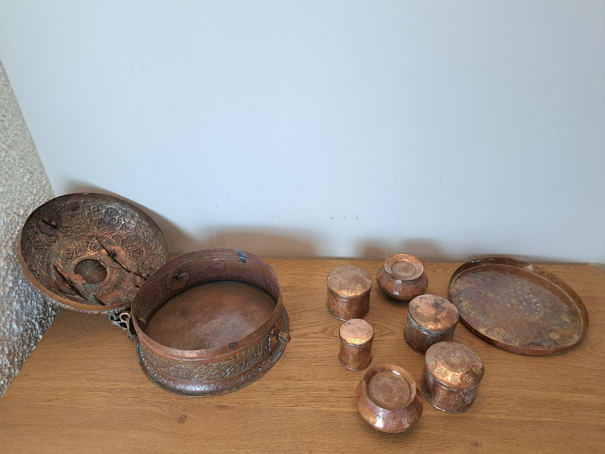 Inde , Boite à condiment de voyage , Cuivre repoussé et ciselé , XIX°. -photo-4