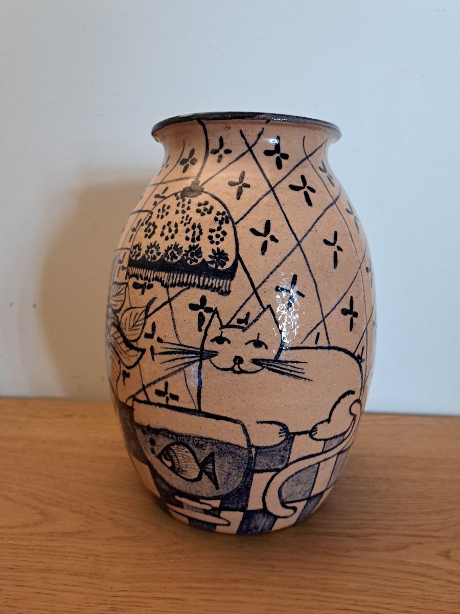 Large Vase, Cat And Fish, Ceramic, Signed, 20th Century. -photo-2