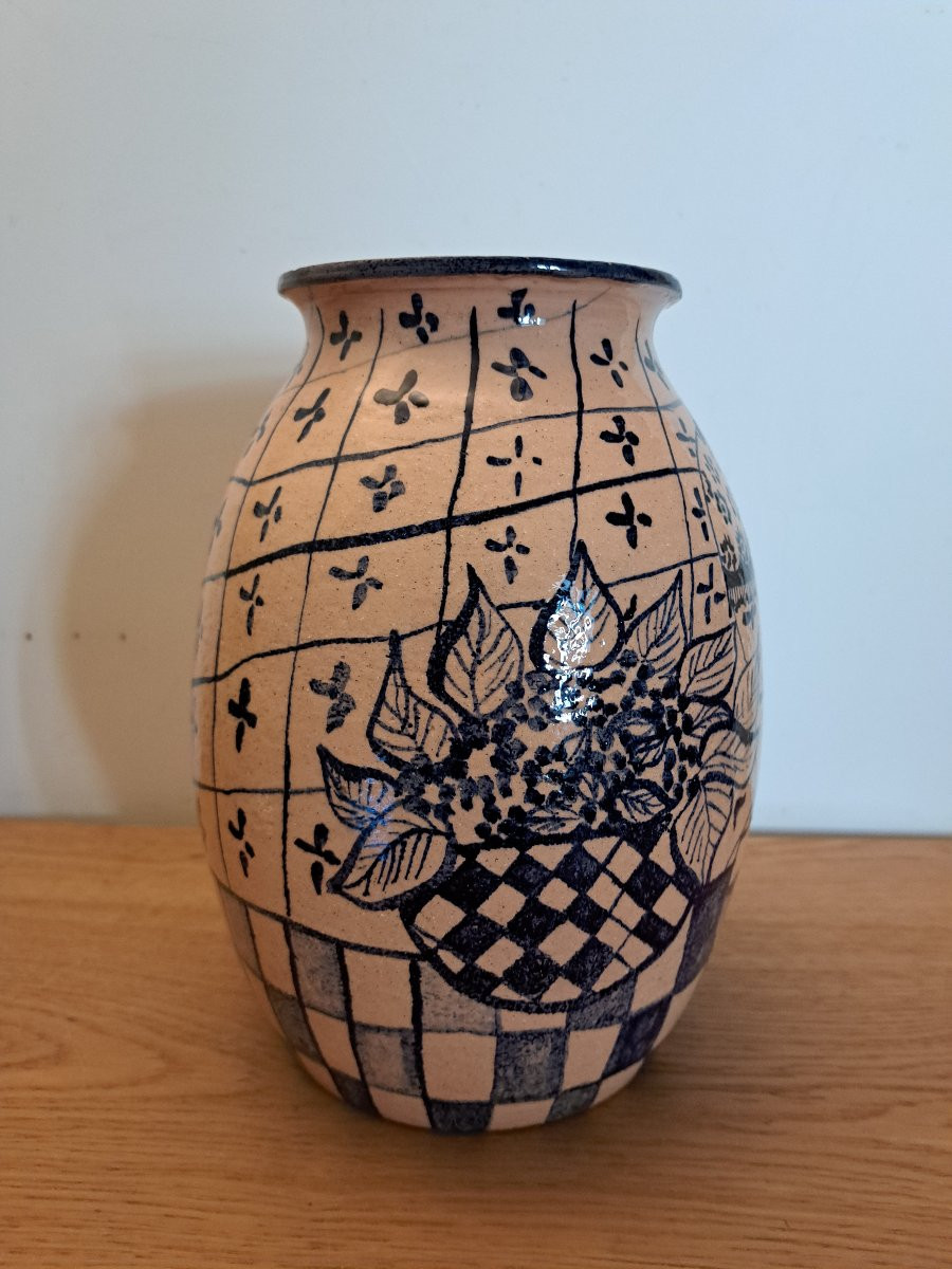 Large Vase, Cat And Fish, Ceramic, Signed, 20th Century. -photo-4