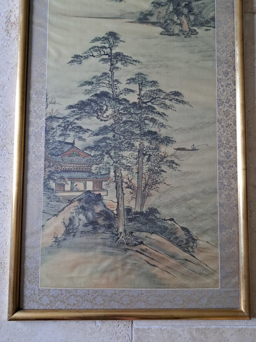Pagodes dans un paysage lacustre , Peinture sur soie , Début XX°. -photo-3