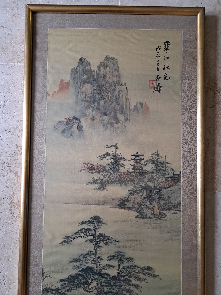 Pagodes dans un paysage lacustre , Peinture sur soie , Début XX°. -photo-4
