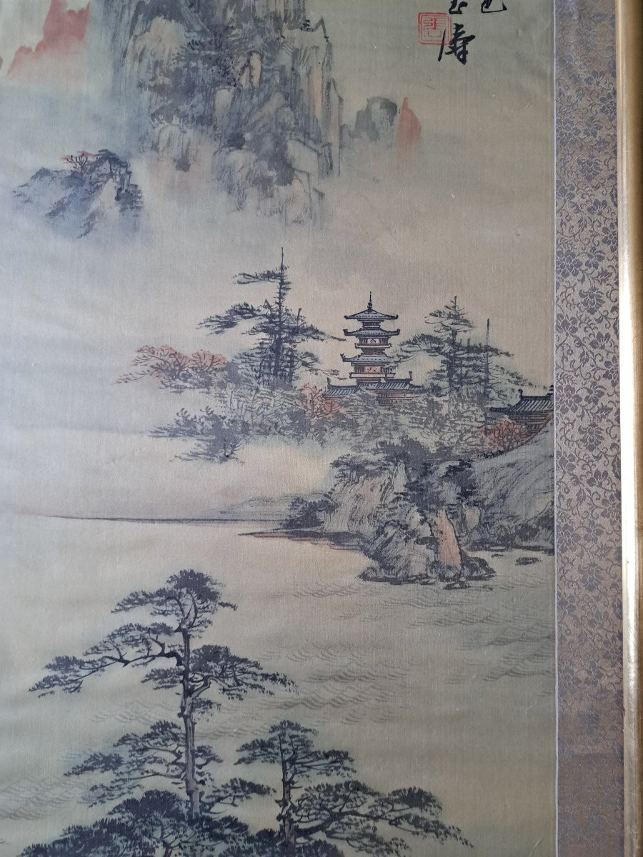 Pagodes dans un paysage lacustre , Peinture sur soie , Début XX°. -photo-1
