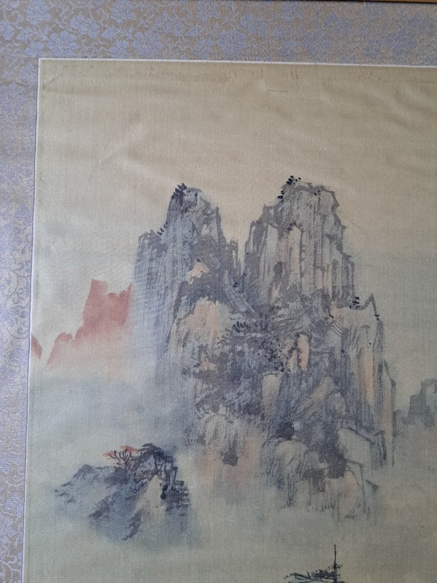 Pagodes dans un paysage lacustre , Peinture sur soie , Début XX°. -photo-4